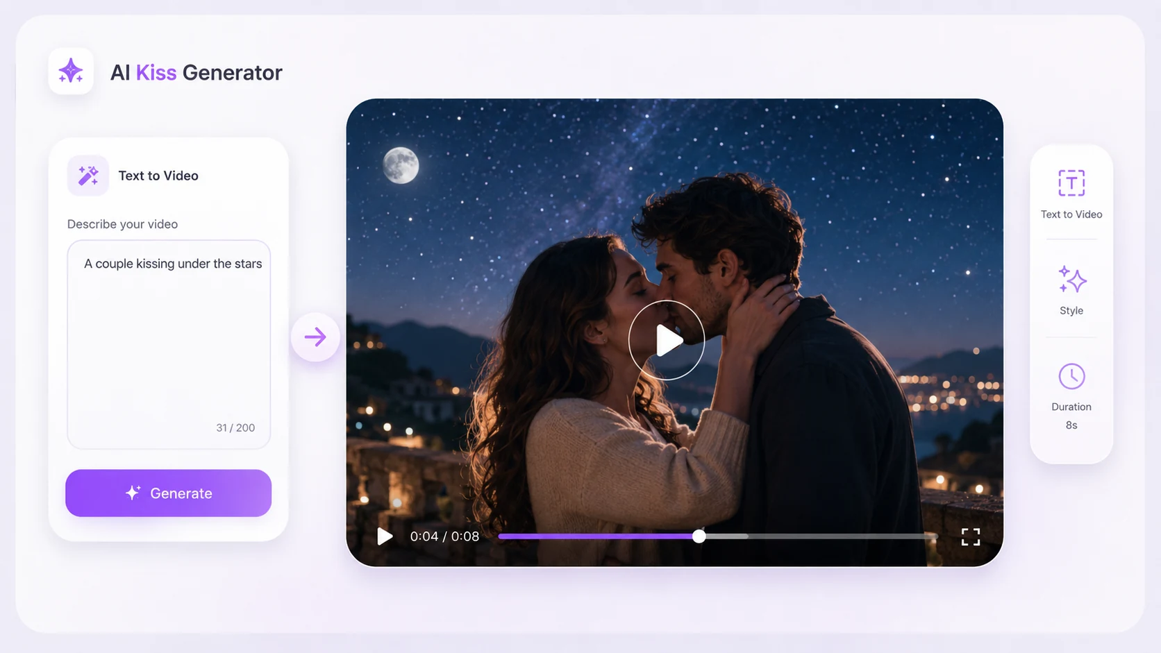 Generate Vivid AI Kiss Videos from Text with VidReels AI